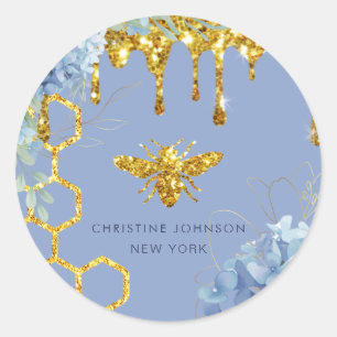 bee logo and blue hydrangea classic round sticker