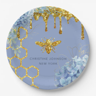 bee logo and blue hydrangea  paper plate