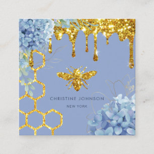 bee logo and blue hydrangea square business card