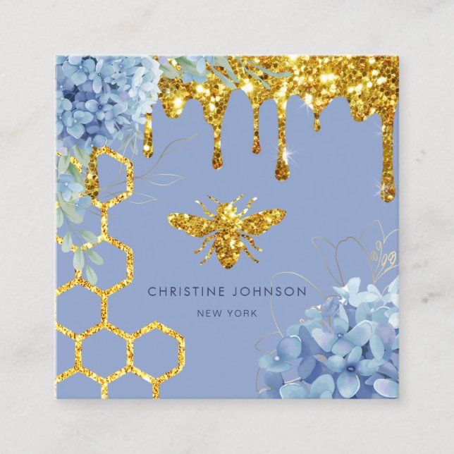 bee logo and blue hydrangea square business card (Front)