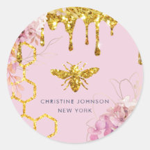 bee logo and pink hydrangea classic round sticker