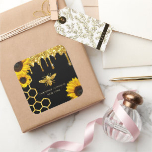 bee logo and sunflowers square sticker