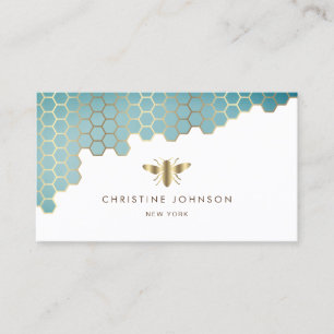 bee logo honeycomb aqua teal business card