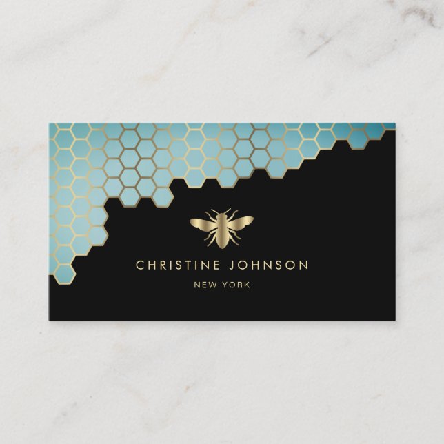 bee logo honeycomb aqua teal gradient business card (Front)