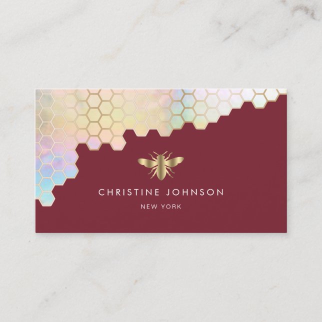 bee logo on marsala red background business card (Front)