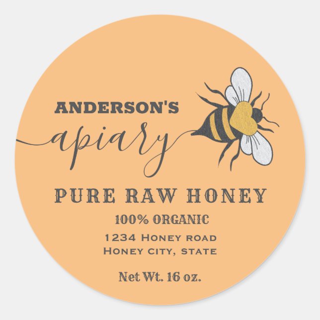 Bee logo script apiary honey jar label (Front)