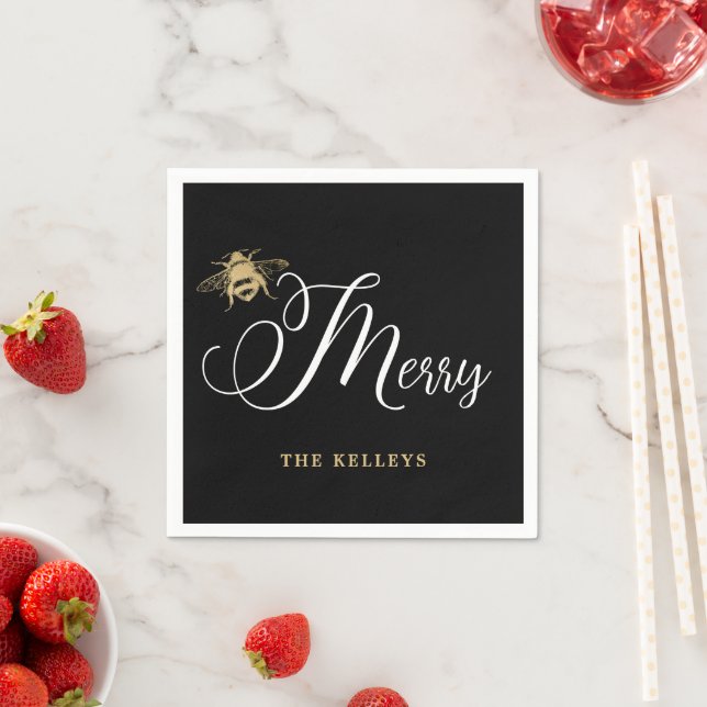 Bee Merry, Black and Gold Holiday Napkin (Insitu)