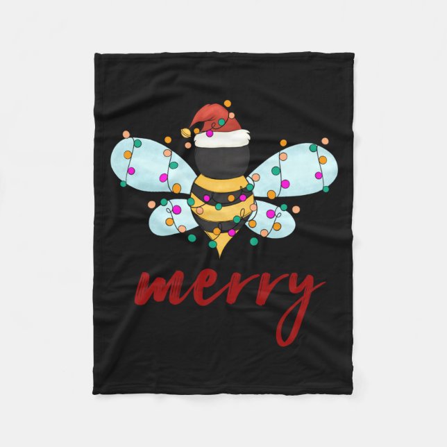 Bee Merry Christmas Bee In Santa Hat Cute Merry Xm Fleece Blanket (Front)