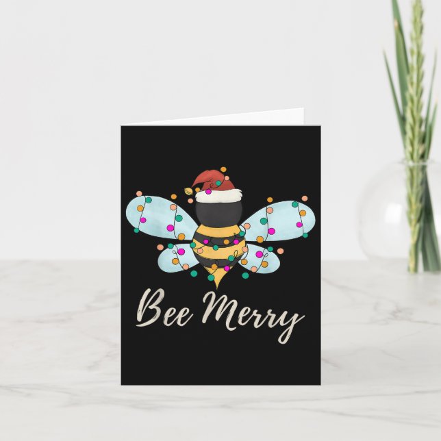 Bee Merry Christmas Bee Wears Santa Hat Xmas Light Card (Front)