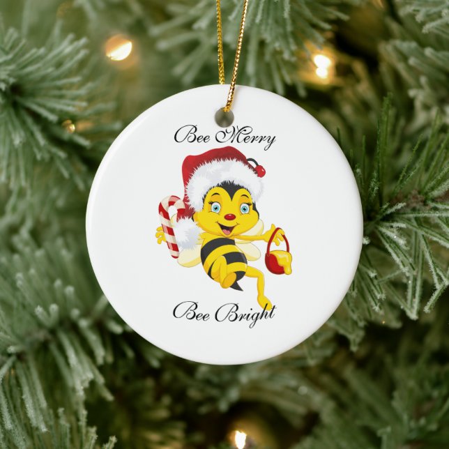 Bee Merry Christmas Cartoon Ceramic Ornament (Tree)