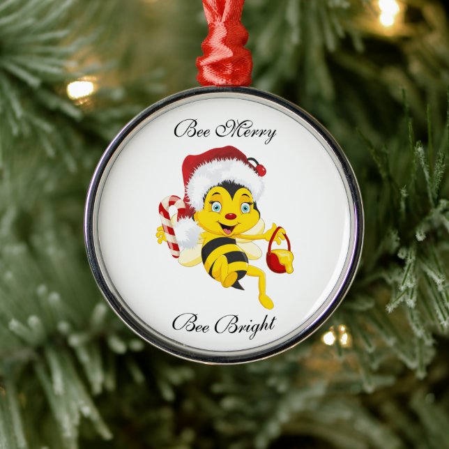 Bee Merry Christmas Cartoon Metal Ornament (Tree)