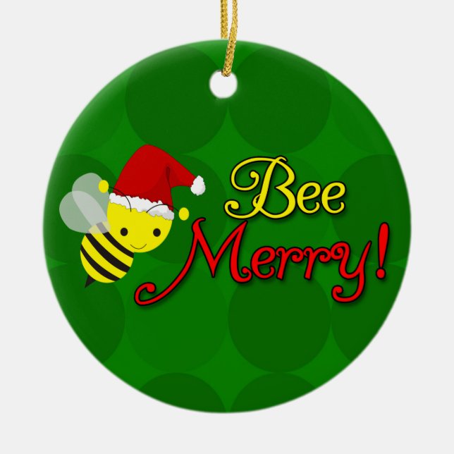 Bee Merry, Cute Bumblebee Holiday Ceramic Ornament (Front)