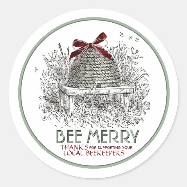 Bee Merry Holiday Honey Skep with Red Bow Sticker (Front)