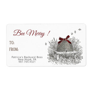 Bee Merry Honey Gift Label Red Bow Skep Christmas