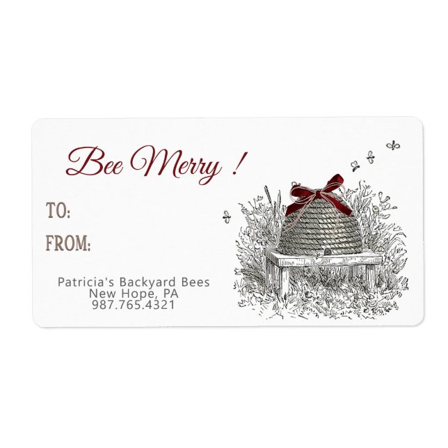Bee Merry Honey Gift Label Red Bow Skep Christmas (Front)