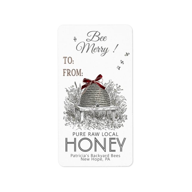 Bee Merry Miel Étiquette cadeau Red Bow sur Skep (Devant)