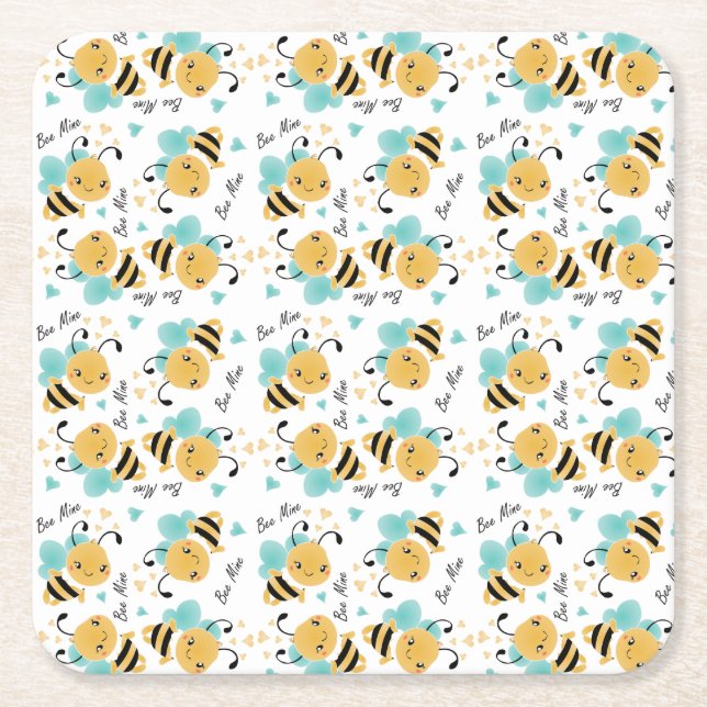 Bee Mine Bumblebee Pattern Hearts Square Paper Coaster (Front)