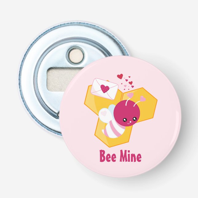 Bee Mine Cute Bee with Pink Valentine Hearts Bottle Opener (Front)