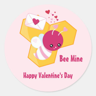 Bee Mine Cute Bee with Pink Valentine Hearts Classic Round Sticker