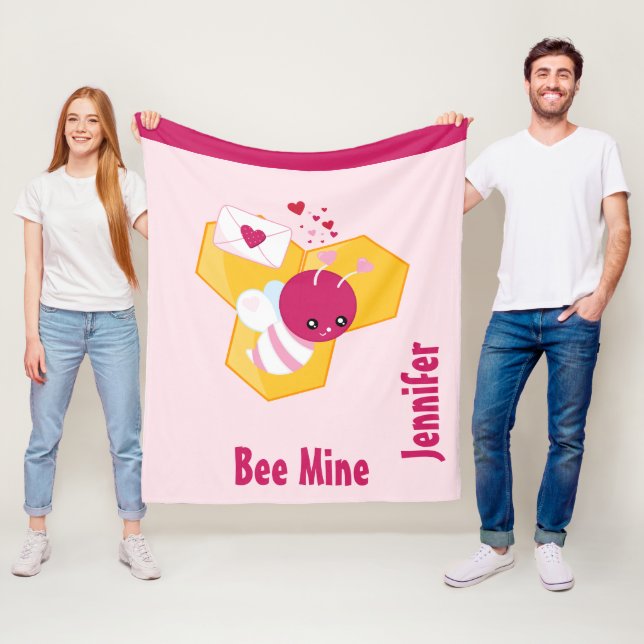 Bee Mine Cute Bee with Pink Valentine Hearts Fleece Blanket (In Situ)