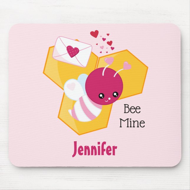 Bee Mine Cute Bee with Pink Valentine Hearts Mouse Pad (Front)