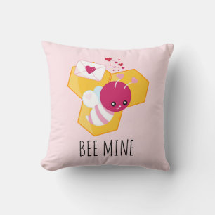 Bee Mine Cute Bee with Pink Valentine Hearts Throw Pillow