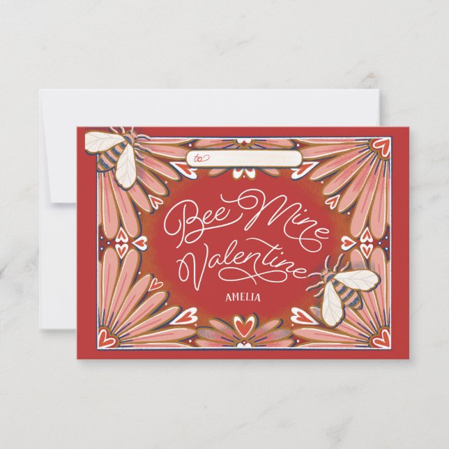 Bee Mine Flowers Pink Red Classroom Valentine Card (Front)