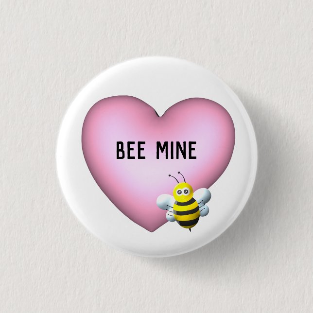 Bee Mine Fuzzy Bumblebee with Pink Puffy Heart  1 Inch Round Button (Front)