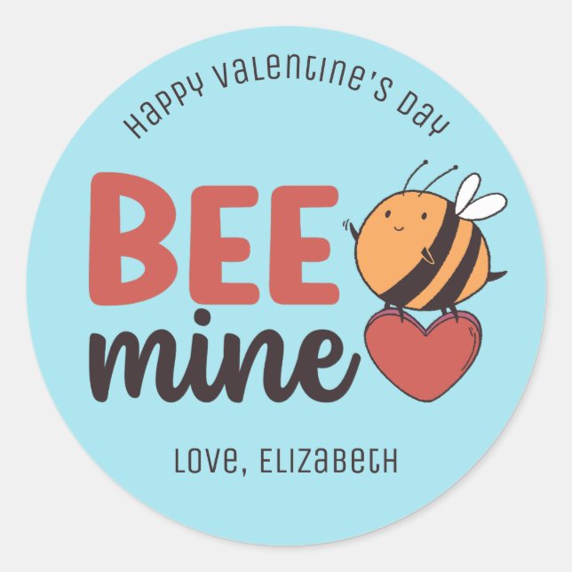 Bee Mine Red Heart Funny Pun Cute Valentine's Day Classic Round Sticker (Front)