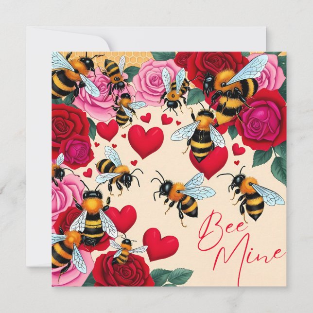 Bee Mine Romantic Floral Design Flat Holiday Card (Front)
