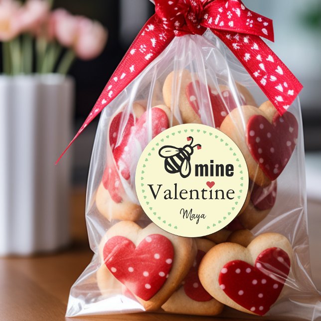 Bee Mine Valentine Favour Name Classic Round Sticker (Bee Mine Valentine Favor Name Classic Round Sticker)
