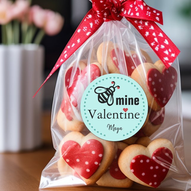 Bee Mine Valentine Favour Name Classic Round Sticker (Bee Mine Valentine Favor Name Classic Round Sticker)