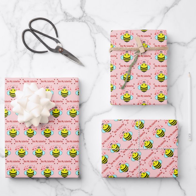 Bee My Valentine - Cute Bee Valentine's Day Wrapping Paper Sheet (Front)