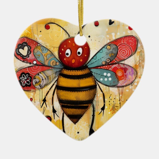 Bee My Valentine Hearts  Ceramic Ornament (Front)