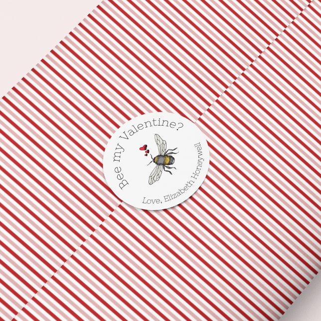 Bee My Valentine Honeybee Classic Round Sticker (Simple and Modern "Bee Mine" Sticker. Hand-Drawn Honeybee and Red Hearts for Valentine's Day.)