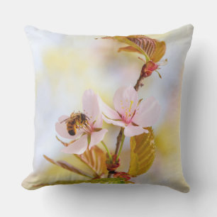 Bee On A Cherry Flower Throw Pillow