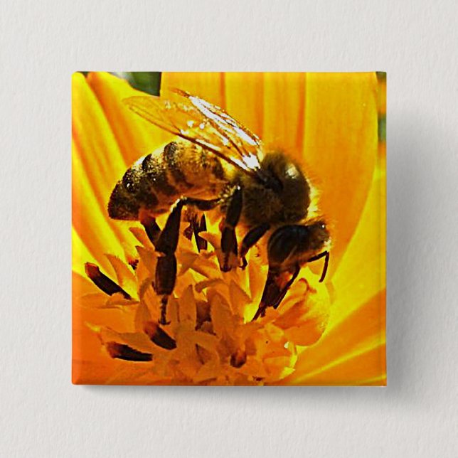 Bee on a Flower 2 Inch Square Button (Front)
