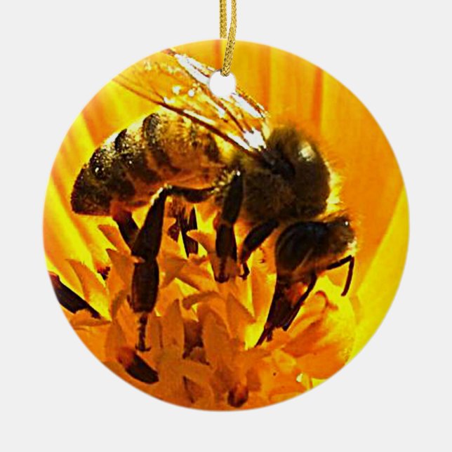 Bee on a Flower Ceramic Ornament (Front)