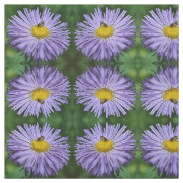 Bee On Aster Flowers Nature Pattern Fabric (Swatch)