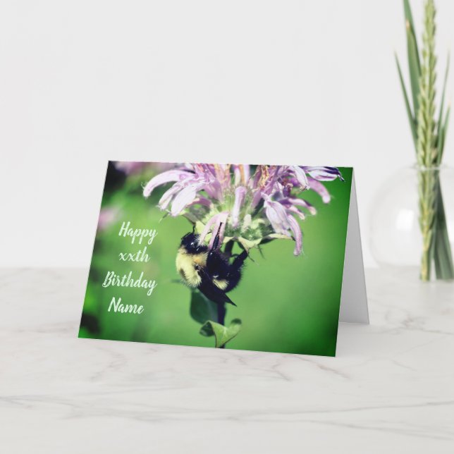 Bee On Bee Balm Flower Personalized Birthday  Card (Front)