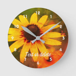 Bee On Black Eyed Susan Flower Abstract  Round Clock