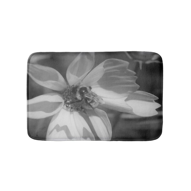 Bee On Cosmos Flower In Black And White Bath Mat (Front)