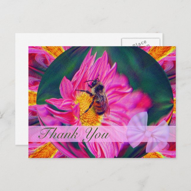 Bee On Daisy Abstract Floral Thank You Postcard (Front/Back)