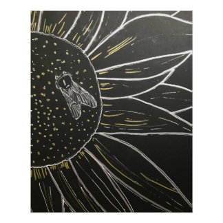 Bee on flower fine line drawing poster