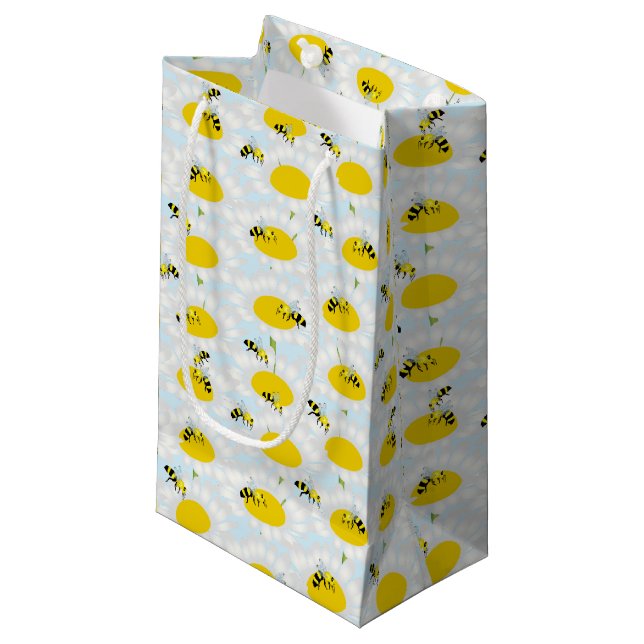 Bee on Flower Gift Bag - Blue Background (Front Angled)