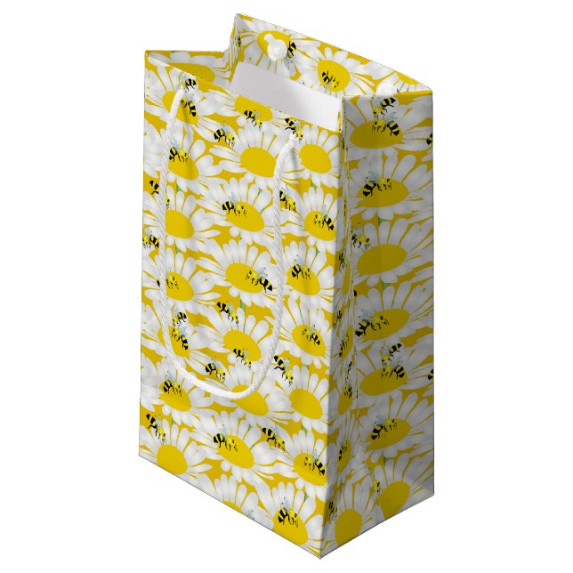 Bee on Flower Gift Bag - Yellow Background (Front Angled)