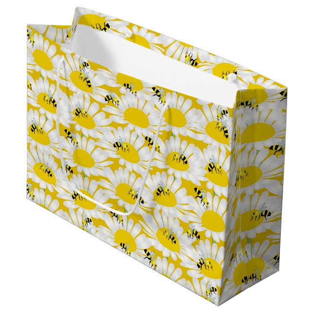 Bee on Flower Large Gift Bag - Yellow Background (Front Angled)