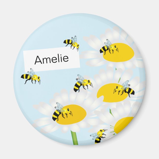 Bee on Flower Round Magnet - Blue Background (Front)