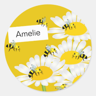 Bee on Flower Round Sticker - Yellow Background