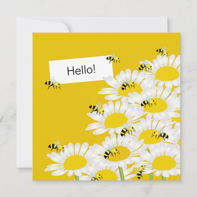 Bee on Flower Square Card - Yellow Background (Front)